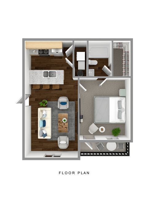a stylized 1 bedroom floor plan with a bathroom and a living room